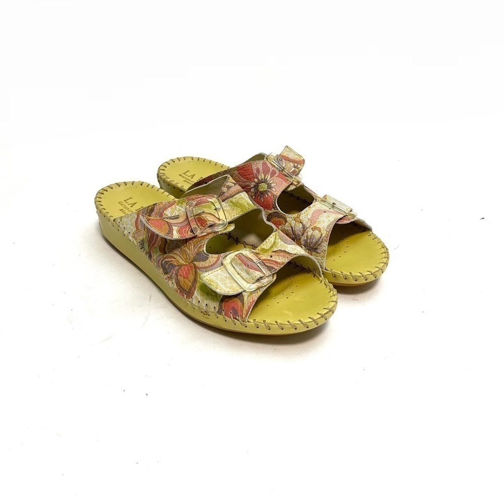 Vintage Y2K deadstock chartreuse leather floral print buckle strap sandals - Picture 5 of 8